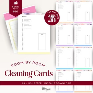 May include: A collection of printable cleaning cards with room-by-room checklists. The cards are white with pastel borders and include sections for notes. The text "ROOM BY ROOM Cleaning Cards" is displayed prominently. The phrase "A4 + US LETTER | INSTANT DOWNLOAD" is also visible.