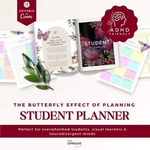 May include: A student planner featuring a butterfly design. The planner has a pink and purple butterfly on the cover and includes sections for a timetable, important dates, and goal setting. The planner is labelled "ADHD Friendly" and "The Butterfly Effect of Planning".