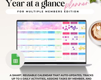 May include: A laptop displays a colorful, multi-member planner with a full-year calendar view. The screen shows a calendar with pink, blue, and purple highlights. The text reads "Year at a glance planner". A cup of coffee sits to the right.