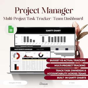 May include: A laptop screen displays a project management dashboard with charts and graphs. Text on the screen includes "GANTT CHART" and "MULTI PROJECTS DASHBOARD." The image also features text that reads "Project Manager" and "Multi-Project Task Tracker | Team Dashboard."