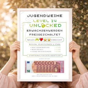 Geschenke zur Jugendweihe Junge Geldgeschenk Gaming Poster Level 14 freigeschaltet PDF zum Ausdrucken Teenager Geschenk