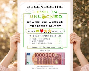 Jugendweihe Money Gift Gaming Poster Level 14 Adulthood Unlocked Printable PDF Cash Gift for Boy and Girl