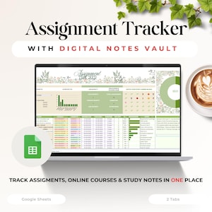 Può includere: Un laptop che mostra un foglio di calcolo "Assignment Tracker" con un design floreale verde e bianco. Il testo recita "Track Assignments, Online Courses & Study Notes in One Place". Una tazza di caffè è a destra.