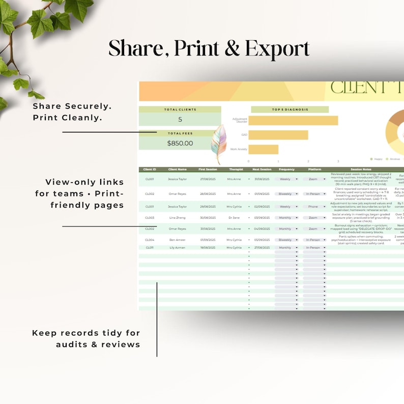 Share securely with view-only links and print clean, audit-ready reports; export pages from the Therapist Client Tracker in Google Sheets