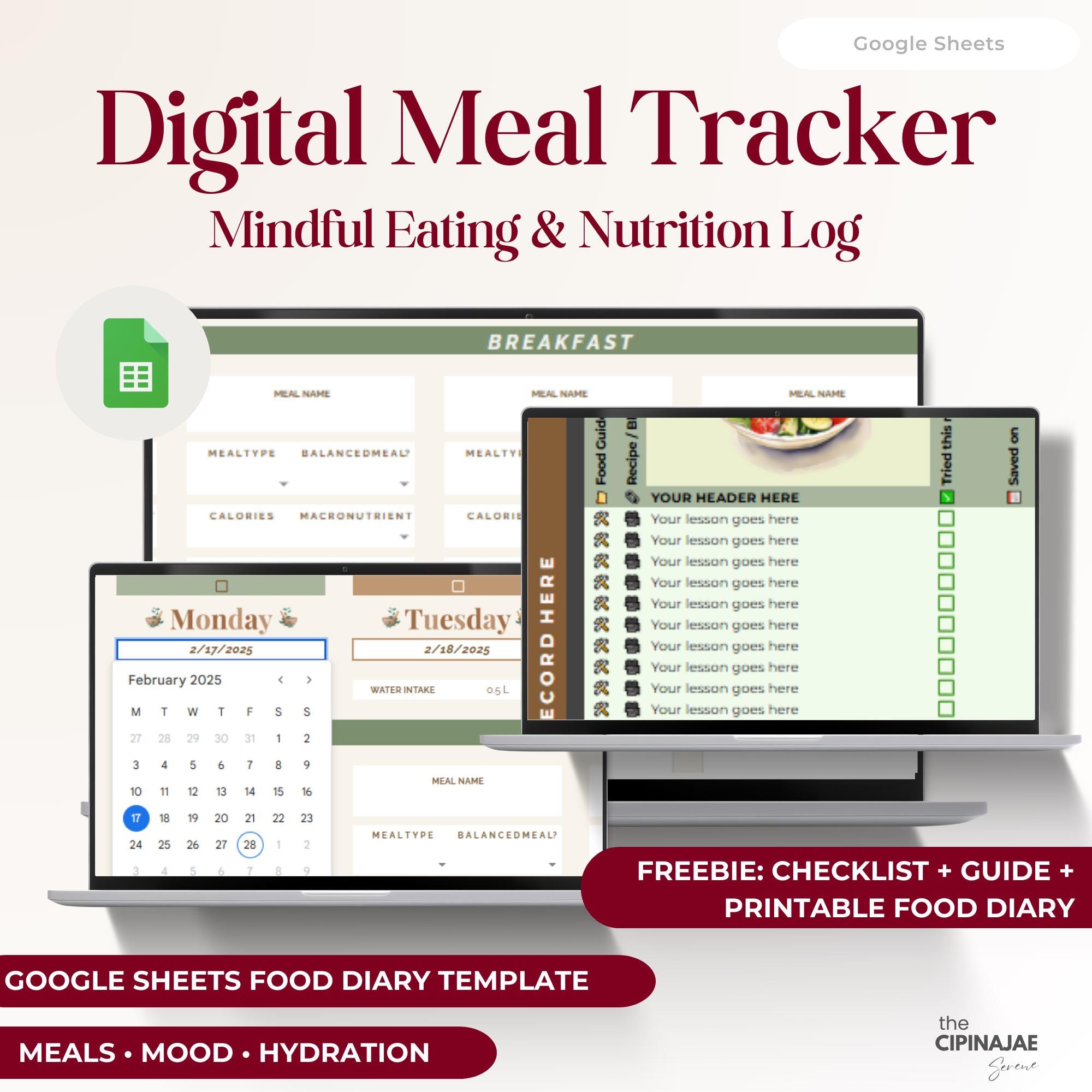 Mindful Eating Log Google Sheets Meal Tracker, Nutrition Log Sheet, Food Mood, Diet Spreadsheet, Simple Food Tracker, Recipe Planner Tab
