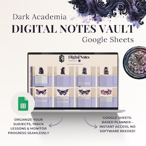 Op de afbeelding: Een laptop toont een digitale planner met de titel "Digital Notes Vault" in het thema "Dark Academia". Het scherm toont een rasterindeling met vlinder- en architectuurillustraties. Tekst bevat "Organiseer uw onderwerpen" en "Google Sheets-gebaseerde planner."
