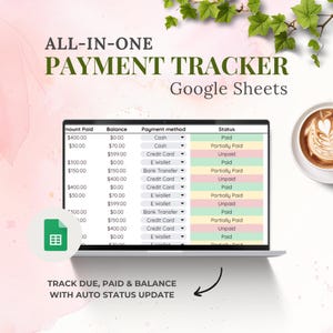 Może przedstawiać: Laptop wyświetla arkusz kalkulacyjny śledzenia płatności w Google Sheets. Ekran pokazuje kolumny dla zapłaconej kwoty, salda, metody płatności i statusu. Tekst "ALL-IN-ONE PAYMENT TRACKER" znajduje się u góry. Filiżanka kawy znajduje się w prawym górnym rogu.