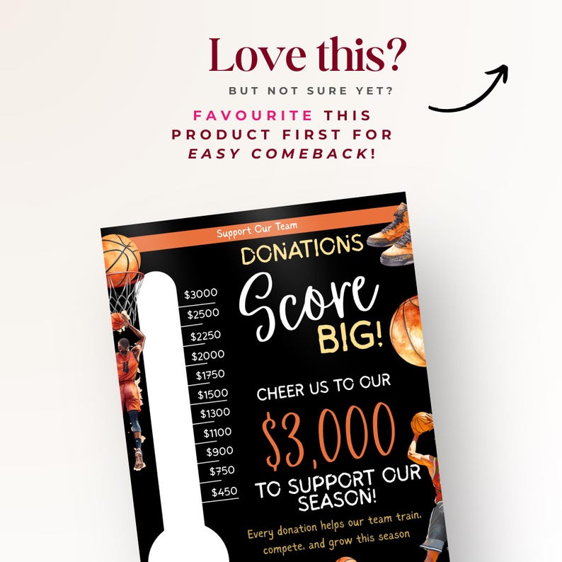 Editable Basketball Sponsor Fundraiser Goal Thermometer Poster Custom