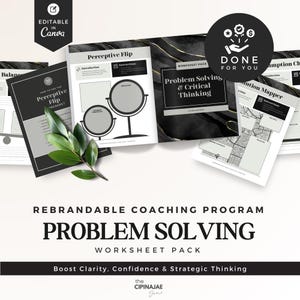 Puede incluir: Un paquete de hojas de trabajo imprimibles en blanco y negro para la resolución de problemas y el pensamiento crítico. El paquete incluye hojas de trabajo tituladas "Perceptive Flip", "Solution Mapper" y "Problem Solving & Critical Thinking". Las hojas de trabajo están diseñadas para ayudar a las personas a aumentar la claridad, la confianza y el pensamiento estratégico. El texto "DONE FOR YOU" está en un círculo con una marca de verificación, un signo de dólar y una mano sosteniendo una estrella.