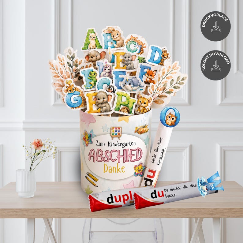 Abschied Kita Geschenk von Kindern mit Duplo Banderolen, kreative Schokoriegel Vorlage für Kindergarten Danke und Erzieherin Geschenk