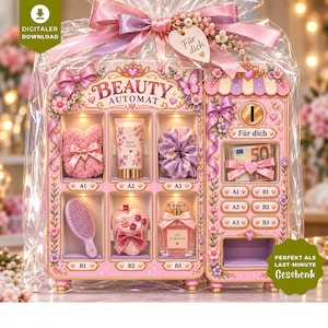 May include: A pink vending machine gift set titled Beauty Automat containing six compartments with a body lotion tube, hair brush, scrunchie, perfume bottle, and decorative items, wrapped in clear plastic with a pink ribbon and heart tag.