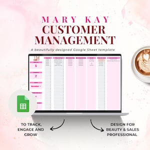 Pode incluir: Um modelo de planilha Google rosa e branco na tela de um laptop com o texto "MARY KAY CUSTOMER MANAGEMENT" e "Um modelo de planilha Google lindamente projetado". O modelo foi projetado para rastrear, envolver e fazer crescer os clientes. Ele foi projetado para profissionais de beleza e vendas.