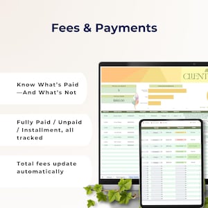 Fees and payments tracking—Fully Paid, Unpaid, and Installment labels with automatic total fees displayed on the main dashboard.