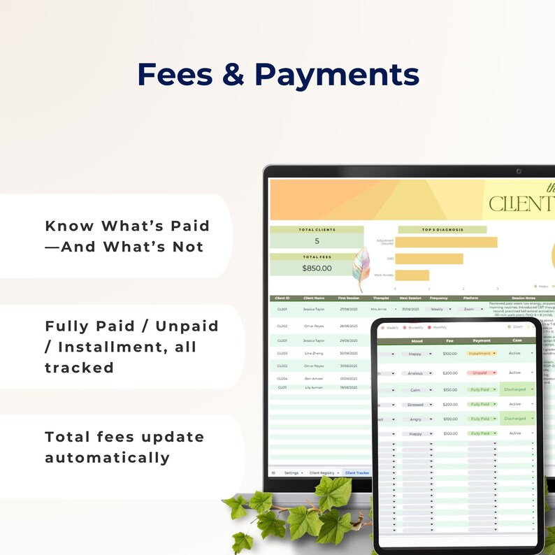 Fees and payments tracking—Fully Paid, Unpaid, and Installment labels with automatic total fees displayed on the main dashboard.