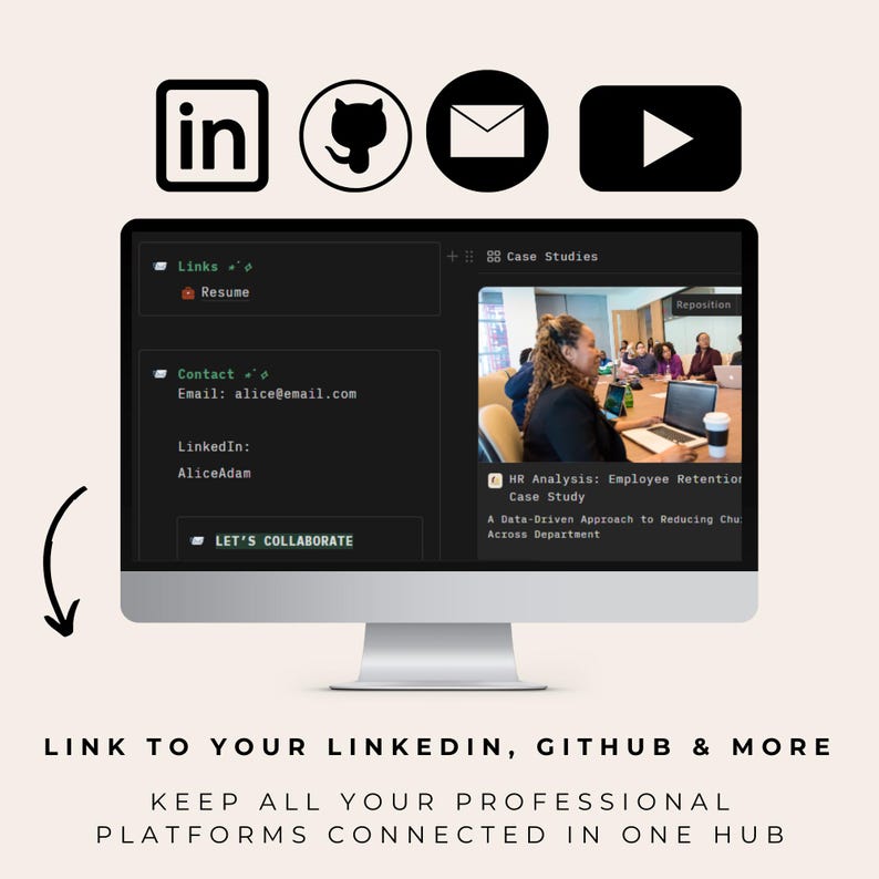 Notion portfolio template with social and professional links