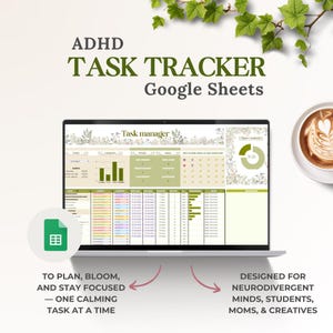 Puede incluir: Una pantalla de computadora portátil que muestra una hoja de cálculo de Google Sheets titulada "Administrador de tareas" con un diseño floral. La hoja de cálculo está diseñada para ayudar a las personas con TDAH a planificar, florecer y mantenerse enfocadas. El texto "TO PLAN, BLOOM, AND STAY FOCUSED - ONE CALMING TASK AT A TIME" está en el lado izquierdo de la imagen. El texto "DESIGNED FOR NEURODIVERGENT MINDS, STUDENTS, MOMS, & CREATIVES" está en el lado derecho de la imagen.