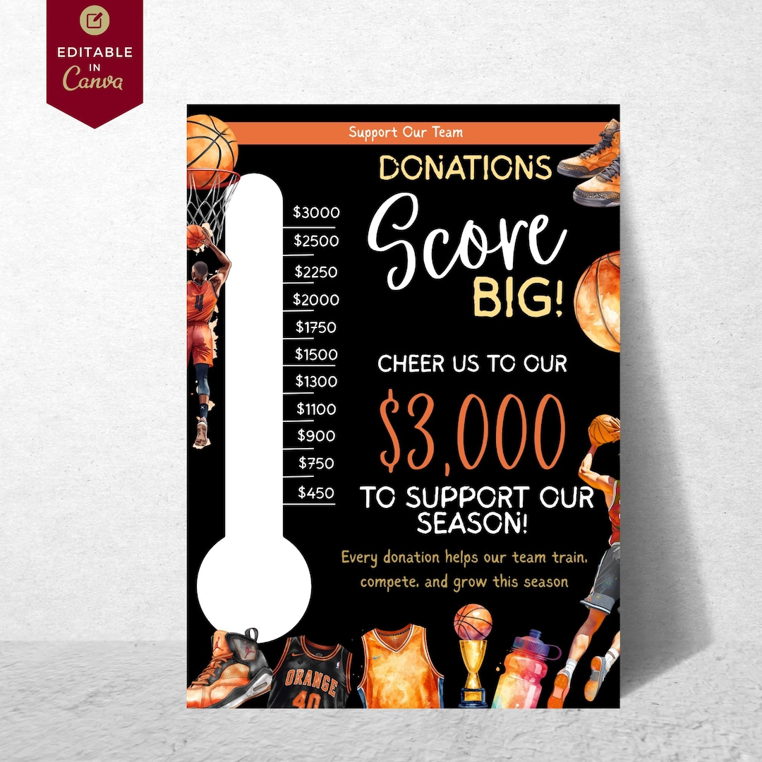Editable Barometer Editable Basketball Sponsor Fundraiser Goal Thermometer Poster | Custom ...