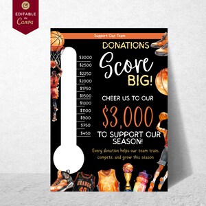Editable Basketball Sponsor Fundraiser Goal Thermometer Poster | Custom Amount Goal School Team Fundraising Barometer | 18x24 A4 US Letter