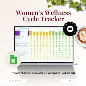 Può includere: Uno schermo di un laptop mostra un tracker del ciclo di benessere con un calendario e caselle di controllo. Il testo "Women's Wellness Cycle Tracker" è in alto. L'immagine include una tazza di caffè e un'icona del tutorial di YouTube. Il testo in basso recita "Tieni traccia di periodi, ovulazione e benessere, tutto in uno."