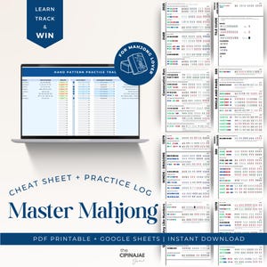 Puede incluir: Una hoja de trucos y un registro de práctica de Mahjong digitales, con una computadora portátil que muestra un rastreador de práctica de patrones de manos. La imagen incluye una guía de fichas y un gráfico "Para los amantes del Mahjong". El texto dice "Master Mahjong".