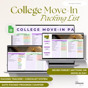 May include: A laptop screen displays a "College Move-In Packing List" in Google Sheets. The packing list is divided into categories with checkboxes. The text "Packing Tracker + Checklist System" and "Auto Packed Progress Counter" are also visible.