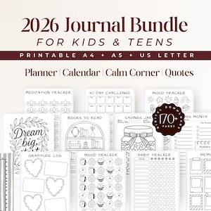 Puede incluir: Un paquete de diarios imprimibles para niños y adolescentes, con páginas de planificador, calendario y citas. Incluye rastreadores de meditación, estado de ánimo y hábitos, además de registros de gratitud. Más de 170 páginas disponibles.