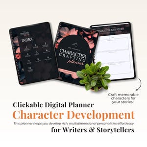 Op de afbeelding: Een digitale planner voor karakterontwikkeling, met een zwart en roze bloemenontwerp. De planner bevat een index, secties voor het maken van personages en een sectie voor de achtergrond van een personage. De tekst "The Complete Character Crafting Planner" staat op de omslag.