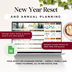 Puede incluir: Una pantalla de portátil muestra un calendario digital con el texto "New Year Reset" y "Annual Planning". La pantalla muestra un diseño de calendario con el texto "Month 9 September". El texto adicional incluye "Manage home, family & mental load in one calm system" y "Editable Google Sheets for 2025-2026 and beyond."