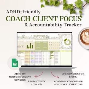 Może przedstawiać: Cyfrowy plik do pobrania z drukowanym arkuszem kalkulacyjnym do śledzenia skupienia na kliencie i coachingu oraz rozliczalności. Arkusz kalkulacyjny jest zaprojektowany tak, aby był przyjazny dla osób z ADHD i zawiera menedżera zadań, kalendarz i śledzenie postępów. Arkusz kalkulacyjny jest idealny dla coachów, coachów produktywności, coachów życiowych i coachów akademickich.