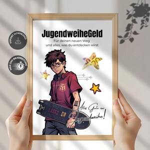 Op de afbeelding: Een ingelijste print met een anime-stijl illustratie van een persoon die een skateboard vasthoudt. De print bevat Duitse tekst, ster- en geldafbeeldingen en de woorden "SOFORT DOWNLOAD" en "MAX 24H BEARBEITUNG".