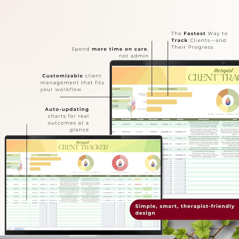Built for Zoom, in-person, and phone sessions; frequency and platform visuals help analyze outcomes and workload across modalities.