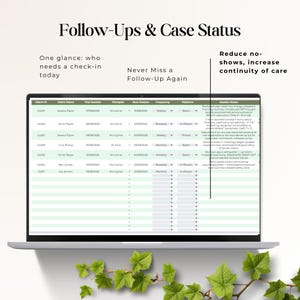 Follow-up and case status view highlighting who needs a check-in today and which cases are Active or Discharged to ensure continuity of care.