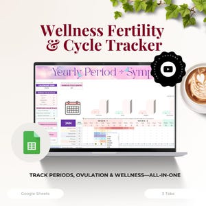Puede incluir: Un ordenador portátil que muestra una hoja de cálculo de seguimiento de la fertilidad y el ciclo de bienestar. La pantalla muestra un calendario y gráficos de seguimiento de períodos y síntomas. El texto en la pantalla dice "Yearly Period + Symptoms". Una taza de café está a la derecha.