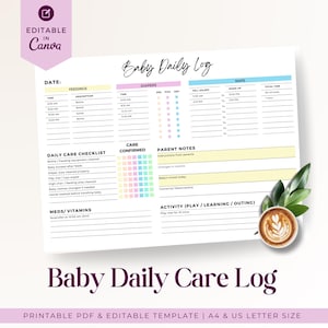 Könnte beinhalten: Ein druckbares Baby-Tagesprotokoll mit Abschnitten für Fütterungen, Windeln, Nickerchen und eine tägliche Checkliste. Das Protokoll enthält Platz für Elternnotizen und Aktivitätsverfolgung. Eine Kaffeetasse mit Latte Art ist in der Ecke.