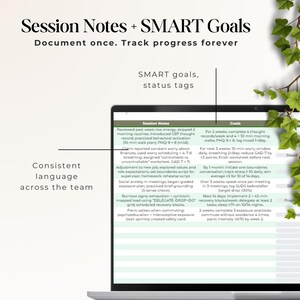 Session Notes and SMART Goals columns with sample entries and progress tags—document once and track outcomes consistently.