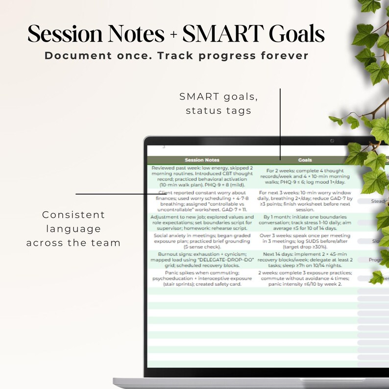 Session Notes and SMART Goals columns with sample entries and progress tags—document once and track outcomes consistently.