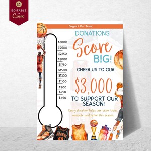 Editable Basketball Sponsor Fundraiser Goal Thermometer Poster | Custom Amount Goal School Team Fundraising Barometer | 18x24 A4 US Letter
