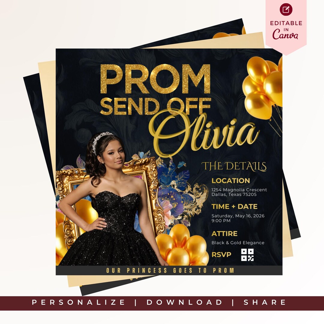 Post Prom Invite Prom Send off Invitation Template Editable Canva | Luxury Black Gold ...