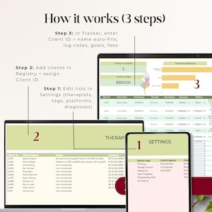 Three-step setup—edit Settings lists, add clients in Registry, then log sessions in Tracker where names auto-fill from Client ID.