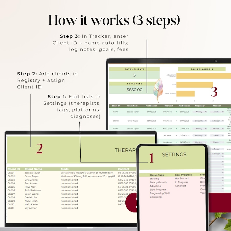 Three-step setup—edit Settings lists, add clients in Registry, then log sessions in Tracker where names auto-fill from Client ID.