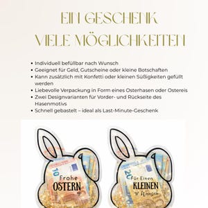 May include: Two Easter bunny-shaped gift holders filled with Euro banknotes and confetti. One says "Happy Easter" and the other says "For a small wish". The image also includes a list of features in German.