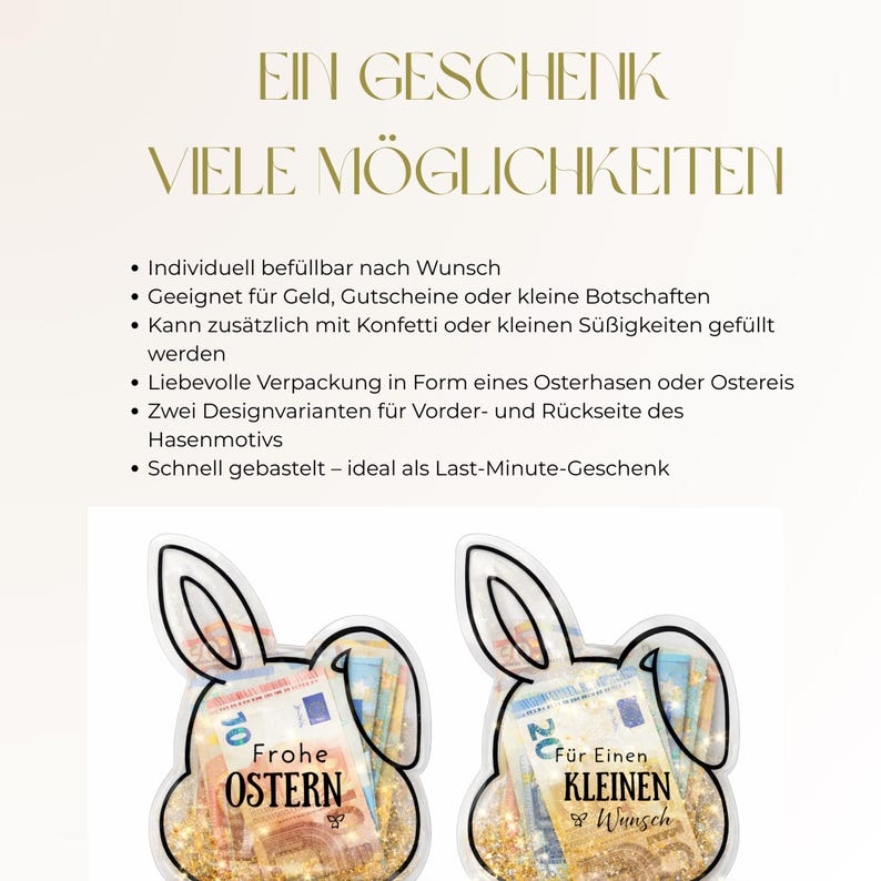 May include: Two Easter bunny-shaped gift holders filled with Euro banknotes and confetti. One says "Happy Easter" and the other says "For a small wish". The image also includes a list of features in German.