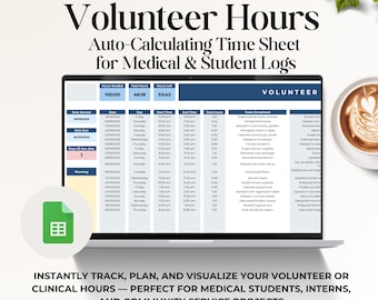 Volunteer Hour Log Spreadsheet | Community Service Log | Student Volunteer Hours Log | Google Sheets Tracker for Non Profit Projects