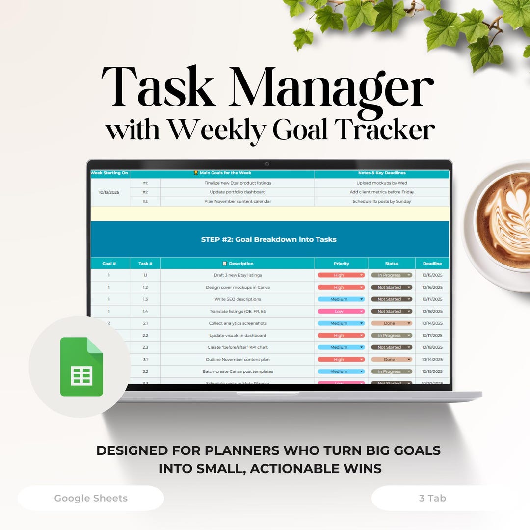 Manager Weekly Log Task Manager & Weekly Goal Tracker | Brain Dump To-do List Spreadsheet ...