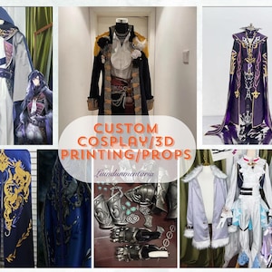 May include: A collection of custom cosplay costumes and props. The image shows a variety of outfits, including cloaks, jackets, and complete ensembles. The image includes text that reads "CUSTOM COSPLAY/3D PRINTING/PROPS".