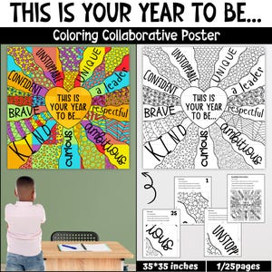 Neujahr 2025 Collaborative Poster, Malseiten, Pinnwand, Vorsatz für das neue Jahr, Kunstprojekt, Klassenzimmer Dekor, druckbar für Kinder