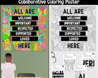 Back to school Collaborative Coloring Poster, All are Welcome here, belonging, Coloring pages, Bulletin board, Art project, Classroom decor