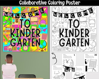 Welcome to kindergarten collaborative poster, coloring pages, Back to school Bulletin board, Art project, Classroom decor, School community