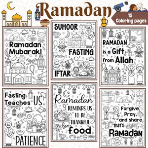 May include: A set of 15 black and white coloring pages featuring illustrations related to Ramadan. The pages include images of mosques, lanterns, food, and people praying. The text on the pages includes phrases like "Ramadan Mubarak!" and "Ramadan is a Gift from Allah."