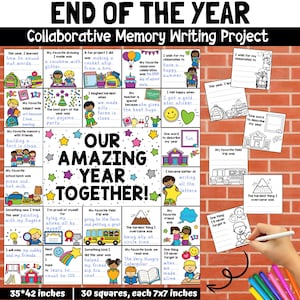 Puede incluir: Un proyecto de escritura de recuerdos de fin de año colorido para los estudiantes. El proyecto incluye 30 cuadrados, cada uno de 7x7 pulgadas, con indicaciones para que los estudiantes reflexionen sobre sus recuerdos, experiencias y logros favoritos del año escolar. Los cuadrados están dispuestos en una cuadrícula con un título que dice "¡Nuestro increíble año juntos!"
